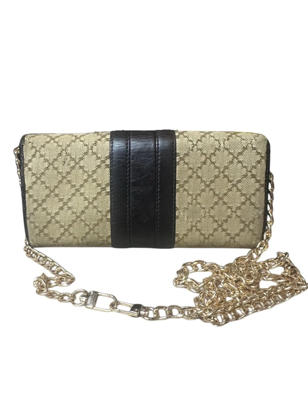 GUCCI Horsebit Diamante Brown Leather and  Beige Canvas Bifold Wallet WOC
